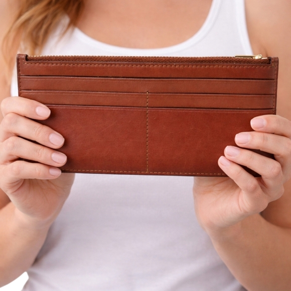 Coach Slim Zip Card Case Glove Tanned Leather Cognac Brown Wallet - Picture 3 of 7